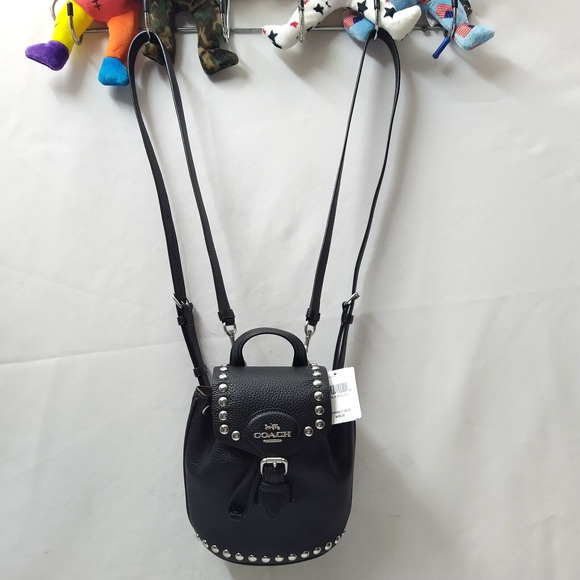 Coach Black Pebbled Leather Studded Drawstring Crossbody Backpack Bag - NWT $450 - Picture 5 of 16